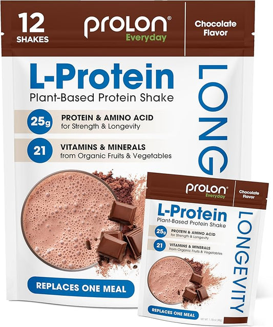ProLon Longevity Plant Based Protein Powder | Muscle Synthesis & Repair, Healthy Aging, Boost Performance | Vitamins, Gluten Free, Amino Acids, Antioxidants | 25g of Protein | Chocolate, 12 Packets