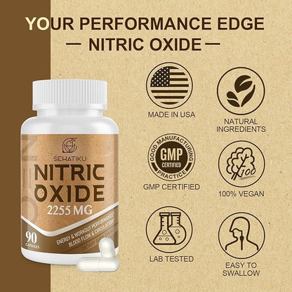 Nitric Oxide Supplement 2255 MG, Nitric Oxide Booster & 6-in-1 Phytonutrient Blend for Heart, Circulation, Immune - 90 Capsules (2 Bottle)