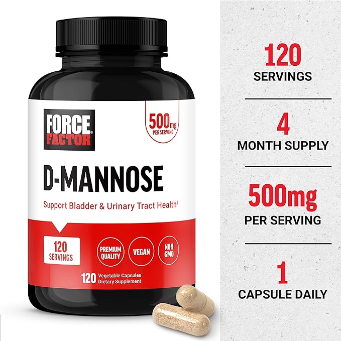 FORCE FACTOR D Mannose, D-Mannose 500mg Supplement to Support Urinary Tract Health for Women and Men, Bladder Control Supplements, Premium Quality, Vegan, Non-GMO, 120 Capsules