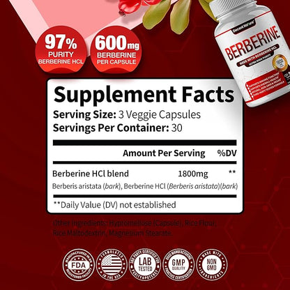 Berberine Supplement 1800mg - Premium Berberine HCl 97% High Purity Berberine Plus, Supports Immune System, High Potency Berberine Hydrochloride, Non-GMO Vegan, for Men Woman 90 Capsules