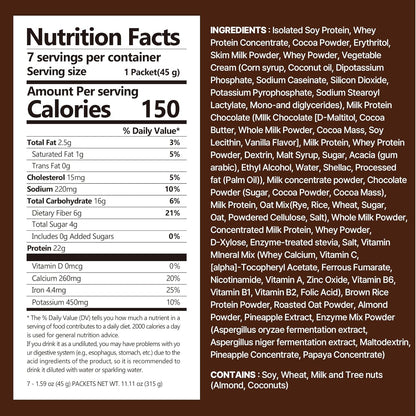 Chocolate Protein Shake, 22g Protein, Low Sugar, Keto-Friendly Meal Replacement Shake, 1.59oz, 7packs, With Crunchy Protein Crisps