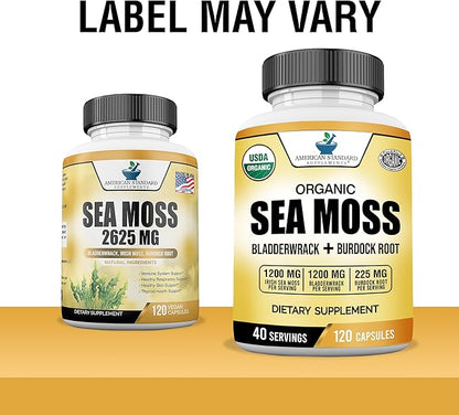 American Standard Supplements Organic Sea Moss, Bladderwrack & Burdock Root Capsules - 1200mg Sea Moss, 1200mg Bladderwrack, 225mg Burdock Root Per Serving - 120 Capsules, 40 Servings