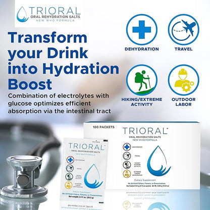 TRIORAL Rehydration Electrolyte Powder - WHO Hydration Supplement Salts Formula - Combat Dehydration from Workouts, Fluid Loss and Much More - 100 Drink Mix Packets