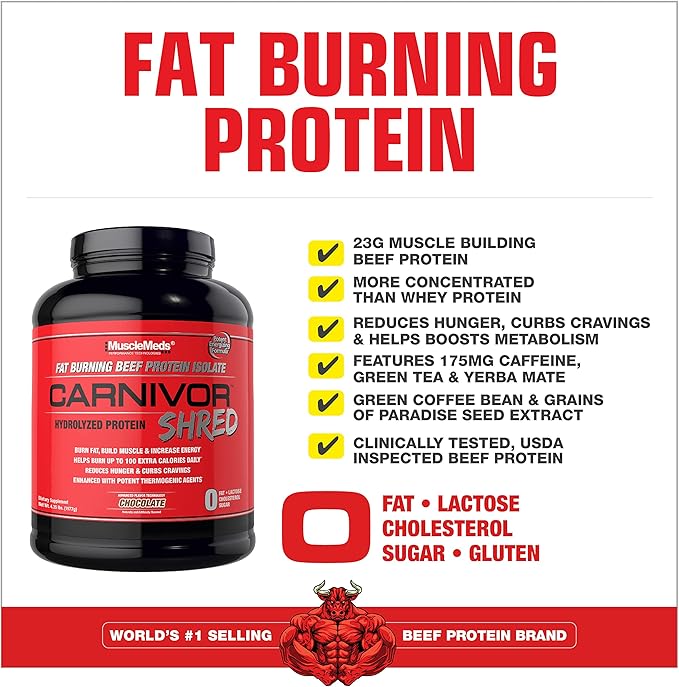 MuscleMeds Carnivor Shred Fat Burning Hydrolized Beef Protein Isolate, 0 Lactose, 0 Sugar, 0 Fat, Chocolate, 4.35 lbs