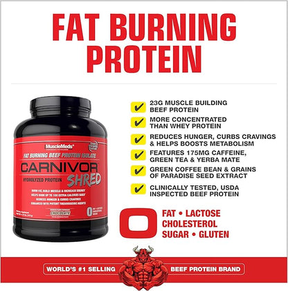 MuscleMeds Carnivor Shred Fat Burning Hydrolized Beef Protein Isolate, 0 Lactose, 0 Sugar, 0 Fat, Chocolate, 4.35 lbs