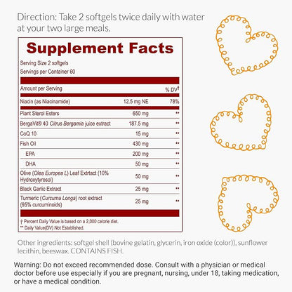 UpNourish Citrus Bergamot, Plant Sterols and Stanols Supplement, Support Heart Health with CoQ10, Omega 3, Olive Leaf Extract, Turmeric Curcumin, Black Garlic and Niacin - 120 Softgels
