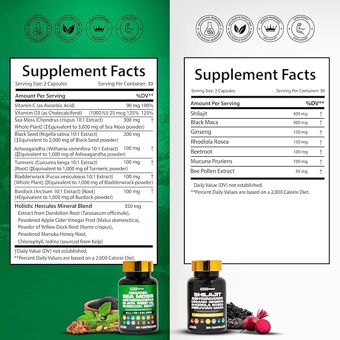 Premium Combo Bundle - Sea Moss 9000mg, Black Seed Oil 6000mg, Ashwagandha 3000mg, Shilajit 12000mg, Black Maca 4000mg, Beetroot 1000mg, All in 1 Supplements Pack