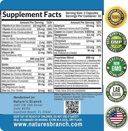 40-in-1 Brain Booster Supplement For Focus, Memory, Clarity, Energy | Advanced Vitamins Plus eBook | For Men & Women, Cognitive Function Nootropic Support with DMAE, Brain Health Formula | 60 Capsules