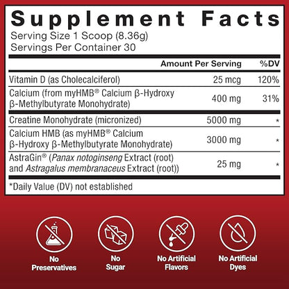 FORCE FACTOR Creatine HMB, 5g Creatine Monohydrate Powder, 3g myHMB, Support Muscle, Strength, Energy & Recovery, with AstraGin for Enhanced Absorption, ~30 Servings, Unflavored Powder