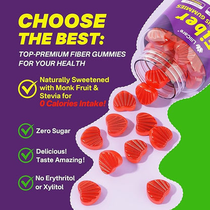 Fiber Gummies for Adults - Sugar Free Probiotics Fiber Supplement Vitamin B12 1000 mcg Vitamin D3 5000 iu/w Green Tea, Organic Whole Food For Fulfill, Metabolism, Gut & Digestive Health-Vegan, 1 Pack