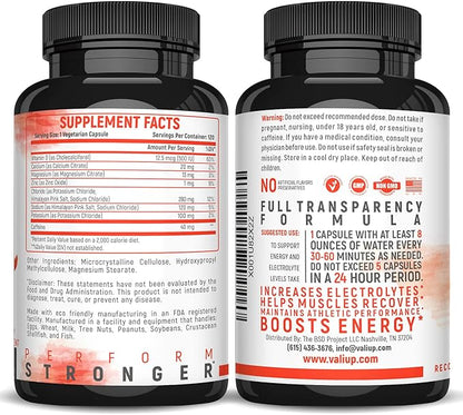 VALI Electrolyte Salts Plus 40mg Caffeine. Rapid Oral Rehydration Replacement Pills. Hydration Nutrition Powder Supplement, Energy, Recovery & Relief Fast. Fluid Health Essentials. 120 Veggie Capsules