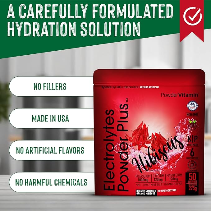 Electrolytes Powder Plus (50 Servings), 0 Calorie Keto, 0 Sugar, No Maltodextrin,1000mg Potassium,120mg Calcium,120mg Magnesium, Hydration Powder (50 Servings, Hibiscus)
