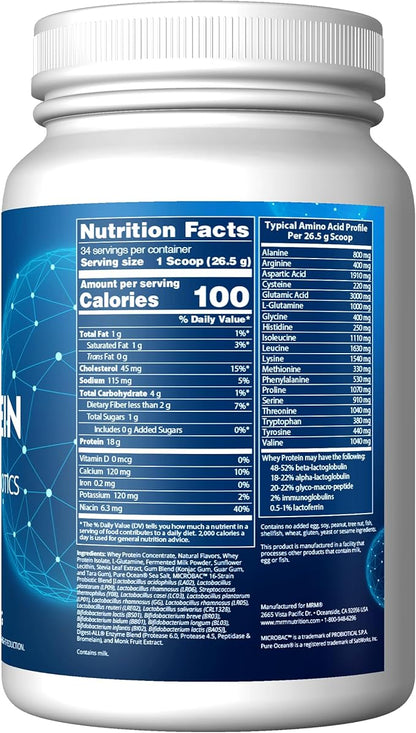 MRM Nutrition Whey Protein | Vanilla Flavored |18g Protein | with 2 Billion probiotics + Digestive enzymes + BCAAs | High Absorption + Digestion | Hormone + antibiotic Free | 33 Servings