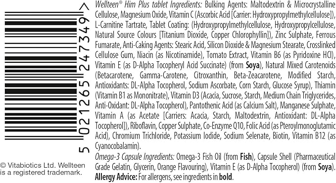 Wellteen Him Plus Omega-3 - Maximum Nutritional Support for Teenagers and Young Men Ages 13-19 - 56 Tablets and Capsules