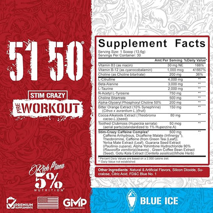 5% Nutrition Rich Piana 5150 High Stim Pre-Workout Powder | Extreme Energy, Focus, Pumps & Endurance | 400 mg Caffeine, Citrulline, Beta Alanine, N-Acetyl L-Tyrosine | 30 Srvgs (Blue Ice)