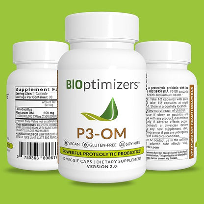 BiOptimizers P3-OM Proteolytic Prebiotics & Probiotics Supplement – Lactobacillus Plantarum for Digestive & Immune Health – Bloating & Gut Relief Support for Men & Women (30 Vegan Capsules)