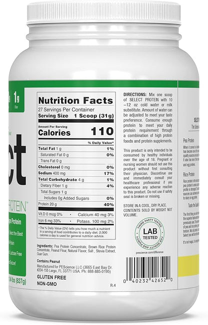 PEScience Select Vegan Plant Based Protein Powder, Peanut Butter Delight, 27 Serving, Premium Pea and Brown Rice Blend
