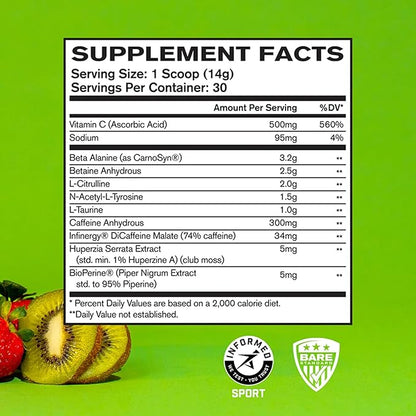 BARE PERFORMANCE NUTRITION BPN Flight Pre Workout, Supports Energy and Mental Focus, Improved Endurance & Muscle Pumps with CarnoSyn® Beta Alanine, Strawberry Kiwi, 30 Servings