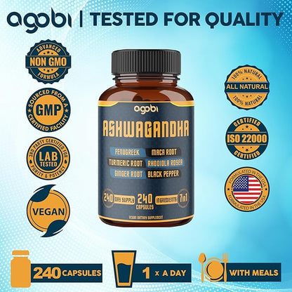 240 Capsules - 8 Month Supply - 7in1 Ashwagandha 8050mg - Combined with Fenugreek, Maca, Turmeric, Rhodiola, Ginger, and Black Pepper - Mood, Strength, Spirit and Energy Support Supplement