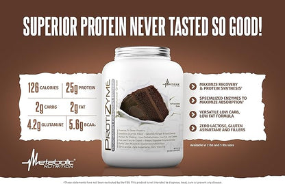 Metabolic Nutrition | Protizyme | 100% Whey Protein Powder | High Protein, Low Carb, Low Fat with Digestive Enzymes, 24 Essential Vitamins and Minerals | Chocolate Cake, 2 Pound