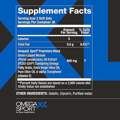 OmegaXL Sport Extra Strength Muscle Recovery Supplement and Respiratory Support Supplement - Improves DOMS and ROM, Clinically Supported Green-Lipped Mussel Oil (60 Softgels)