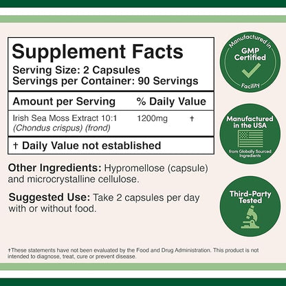 Irish Sea Moss Capsules, More Potent Than Sea Moss Gel Extract (180 Count, 1,200mg per Serving) (from Wildcrafted and Raw Chondrus Crispus) Nutrient Rich Superfood High in Minerals by Double Wood