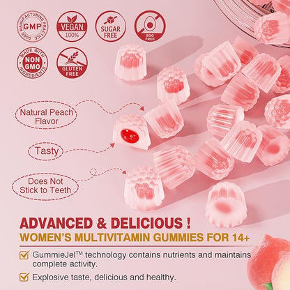 Sugar-Free Womens Multivitamin Gummies, Methylated Multivitamin for Women/w Omega-3, Calcium, Enzymes & Probiotic, Vitamin A, C, D3, Folate, Biotin, Inositol - Skin, Hair Growth, Immune, Bone - Vegan