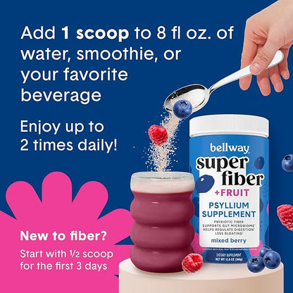 Bellway Super Fiber Powder + Fruit (3 Pack), Sugar Free Organic Psyllium Husk Powder Fiber Supplement for Regularity, Bloating Relief & Gut Health, Non-GMO, Plant-Based, Mixed Berry (150 Servings)