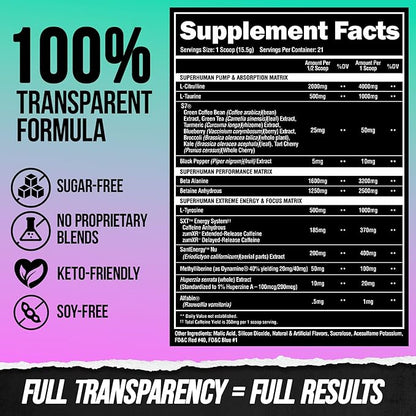 ALPHA LION Superhuman Extreme Pre Workout Powder, Beta Alanine, L-Taurine & Tri-Source Caffeine for Sustained Energy, Nitric Oxide & Citrulline for Pump (21 Servings, Grape Flavor)