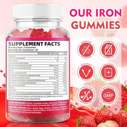 2 Pack Vegan Iron Gummies for Adults & Kids - with Vitamin C, A, B-Complex, Folate, Zinc, and Biotin - for Blood Building & Energy Support, 120 Gummies