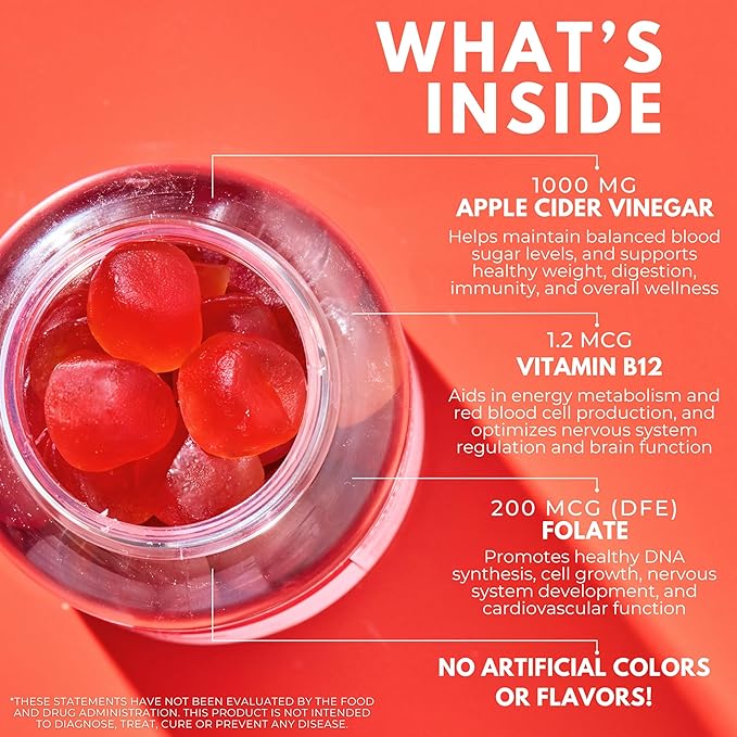 Apple Cider Vinegar Gummies - Sugar Free Apple Cider Gummies with Vitamin B12 and Beetroot Powder - Vegan, Non-GMO & Gluten-Free, Made in USA (30 Servings)