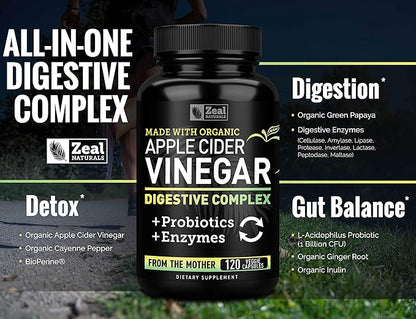 Organic Apple Cider Vinegar Capsules + Digestive Enzymes & Probiotics (1500mg | 120 Capsules) Raw Apple Cider Vinegar Pills & Fiber Supplement for Gut Health, Immune Support, Digestion & Detox Cleanse
