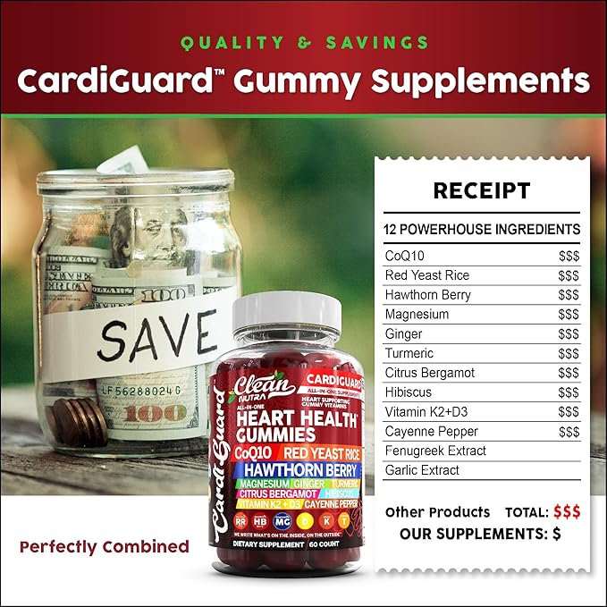 Coq10 Gummies | Red Yeast Rice Hawthorn Berry Ginger Turmeric Citrus Bergamot Hibiscus Vitamin K2+D3 Magnesium Glycinate Cayenne Pepper Fenugreek Orange Flavor CardiGuard by Clean Nutra