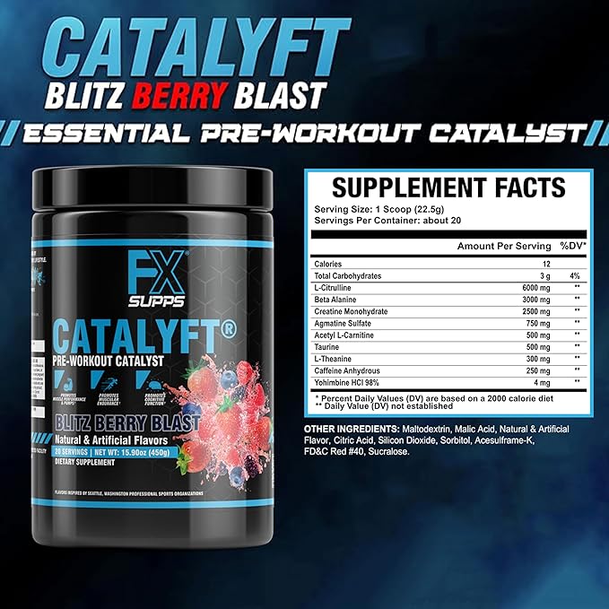 Catalyft Pre-Workout PowderDrink for Men and Women Blitz Berry Blast Dietary SupplementMix with Creatine,Caffeine & Beta-Alanine | Best for Energy Pump,Muscle Gain & Focus,20 Servings(1 Pack)