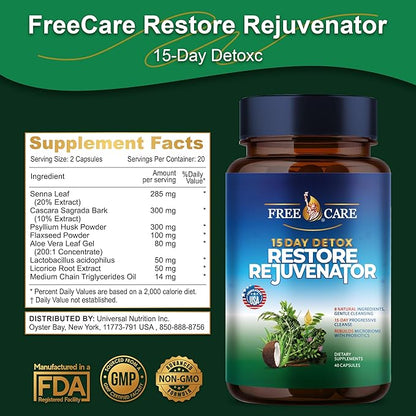 FreeCare 15 Day Gut Cleanse, Colon Broom Cleanser & Detox for Weight Loss, Best Weight Loss Pills for Women & Men, Laxatives for Weight Loss Fast, Super Colon Cleanse Products, 40 Capsules, 2 Daily