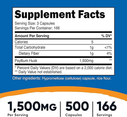 Nutricost Psyllium Husk 1500mg; 500 Capsules (2 Bottles)