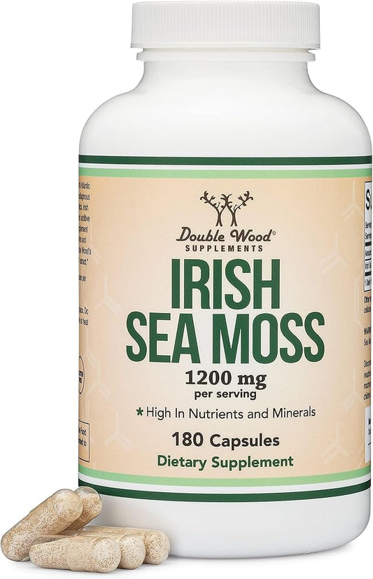 Irish Sea Moss Capsules, More Potent Than Sea Moss Gel Extract (180 Count, 1,200mg per Serving) (from Wildcrafted and Raw Chondrus Crispus) Nutrient Rich Superfood High in Minerals by Double Wood