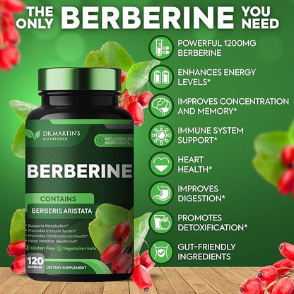 Potent 1200mg Berberine Supplement | 120 Capsules | Berberine HCL For Glucose Metabolism | Supports Healthy Weight Management, Healthy Immune System | Improves Cardiovascular & Gastrointestinal Health