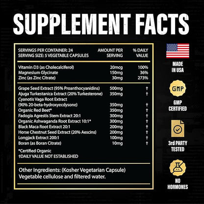 Testosterone Support for Men - Male Enhancing Supplements & Vitality Pills | Testosterone Supplement for Men w/ Turkesterone, Tongkat Ali & Fadogia Agrestis | Boost Muscle Growth, Stamina & Recovery