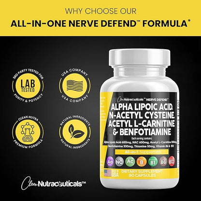 Alpha Lipoic Acid 600mg N-Acetyl Cysteine 600mg Acetyl L-Carnitine 500mg Benfotiamine 300mg - Nerve Support Supplement for Women and Men with Vitamin B1, B6 & B12 - Made in USA 90 Caps