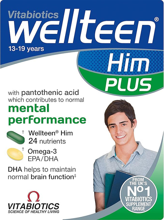 Wellteen Him Plus Omega-3 - Maximum Nutritional Support for Teenagers and Young Men Ages 13-19 - 56 Tablets and Capsules