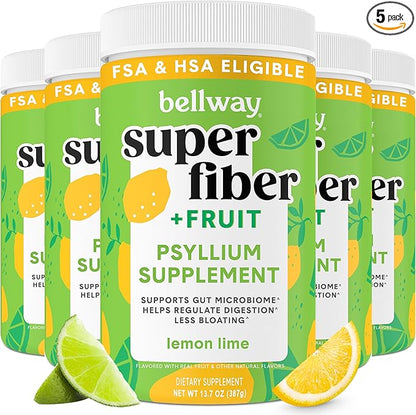 Bellway Super Fiber Powder + Fruit (5 Pack), Sugar Free Organic Psyllium Husk Powder Fiber Supplement for Regularity, Bloating Relief & Gut Health, Non-GMO, Plant-Based, Lemon Lime (250 Servings)