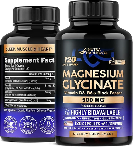 Magnesium Glycinate 500 mg - Chelated Supplement - with Vitamin B6 & D3 - High Absorption 98% - Support for Sleep, Muscle & Heart Health - Made in USA, Lab Tested & Non-GMO - 120 Capsules