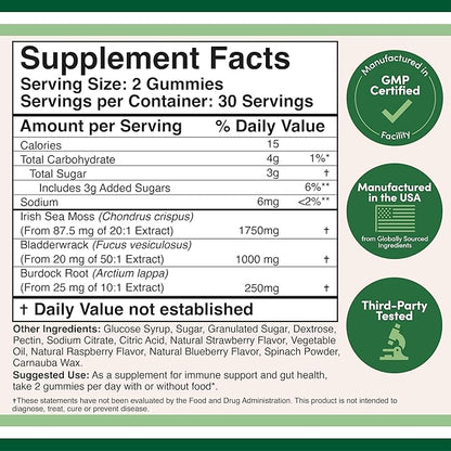 Sea Moss Gummies for Adults Max Strength 3,000mg (60 Irish Sea Moss Gel Gummies Enhanced with Bladderwrack and Burdock Root) Superfood Gummies for Immune Support (Non-GMO, Gluten Free) by Double Wood