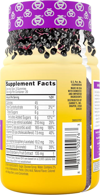Zarbee's Elderberry Gummy Daily Immune Support Supplement with Vitamins A, C, D, E & Zinc, Black Elderberry Fruit Extract, Natural Berry Flavor, 60 Count