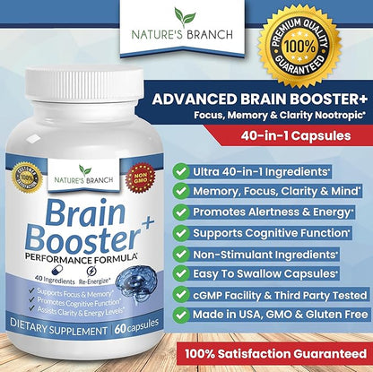 40-in-1 Brain Booster Supplement For Focus, Memory, Clarity, Energy | Advanced Vitamins Plus eBook | For Men & Women, Cognitive Function Nootropic Support with DMAE, Brain Health Formula | 60 Capsules