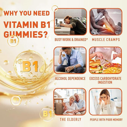 Vitamin B1 Gummies 100mg for Adults & Kids, Thiamine B1 Supplement with 600mg Calcium, Nervous System Supports & Boost Energy, Orange Flavor, Non GMO, Vegan, 60 Chewable Gummies