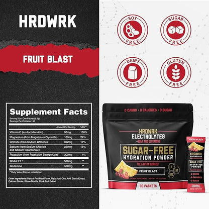 HRDWRK Electrolytes Powder Packets with Magnesium, Potassium Sodium, Keto Hydration Packets - BCAA Electrolyte Powder Packets with Glutamine, 30 Electrolytes Powder Packets Sugar Free (Fruit Blast)