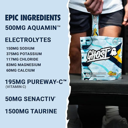 GHOST Hydration Packets, Lemon Crush, 24 Sticks, Electrolyte Powder - Drink Mix Supplement with Magnesium, Potassium, Calcium, Vitamin C - Vegan Friendly, Free of Soy, Sugar & Gluten