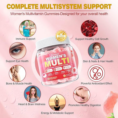 Sugar-Free Womens Multivitamin Gummies, Methylated Multivitamin for Women/w Omega-3, Calcium, Enzymes & Probiotic, Vitamin A, C, D3, Folate, Biotin, Inositol - Skin, Hair Growth, Immune, Bone - Vegan